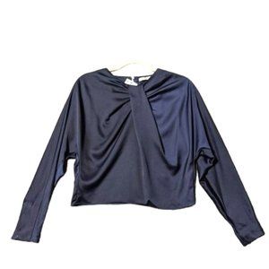 🍑MNG SUIT Women Blouse Long Sleeve Short Hem Round Neck Solid Navy Blue MEDIUM